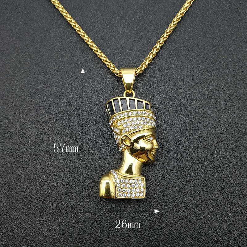 Planderful Hip Hop Jewelry Titanium Steel Gold Plated Rhinestone Egyptian Pharaoh Pendant Necklace For Streetwear Lovers