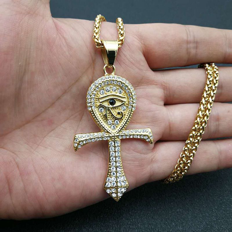 Planderful Everyday Genie Hip Hop Necklace Eye of Horus Ankh Pendant Gold Plated Zircon Titanium Steel For Men