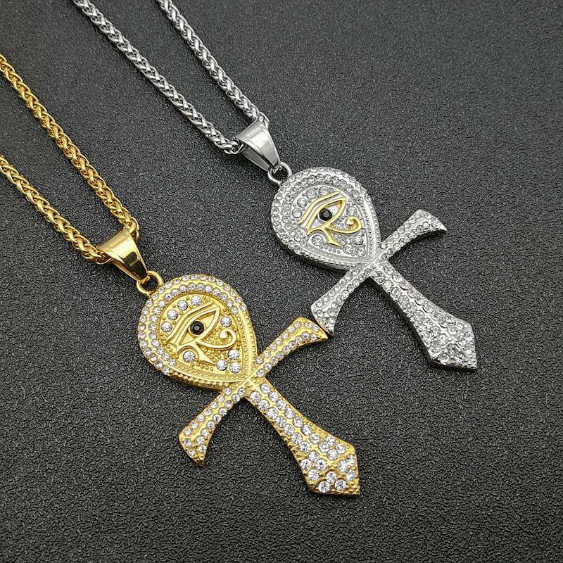 Planderful Everyday Genie Hip Hop Necklace Eye of Horus Ankh Pendant Gold Plated Zircon Titanium Steel For Men