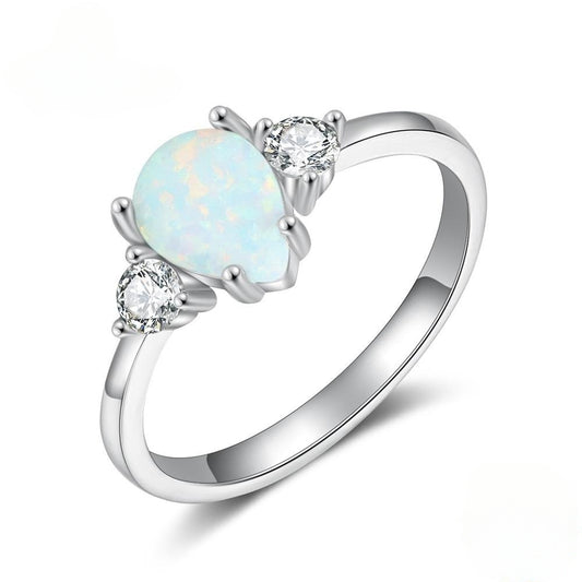 Pear Shape Opal with Two Small Zircon Sterling Silver Ring