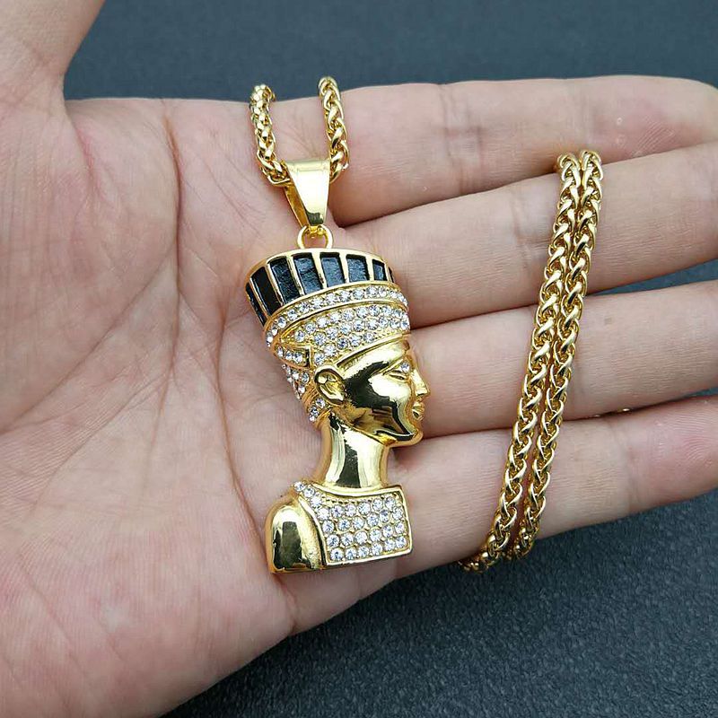 Planderful Hip Hop Jewelry Titanium Steel Gold Plated Rhinestone Egyptian Pharaoh Pendant Necklace For Streetwear Lovers