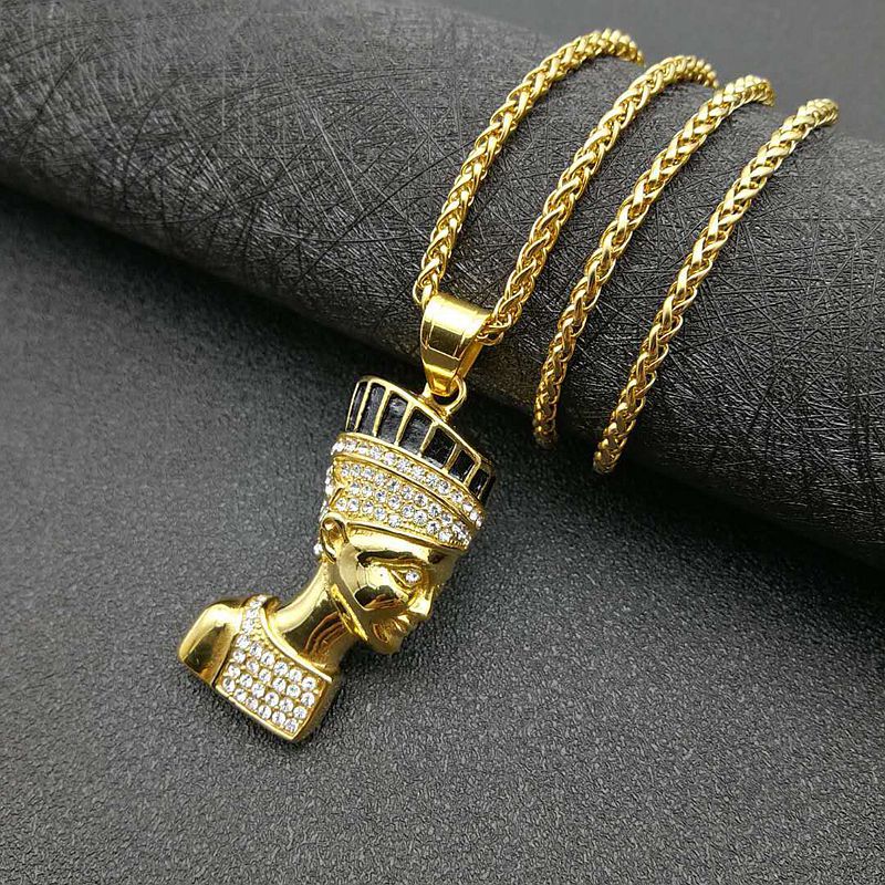 Planderful Hip Hop Jewelry Titanium Steel Gold Plated Rhinestone Egyptian Pharaoh Pendant Necklace For Streetwear Lovers