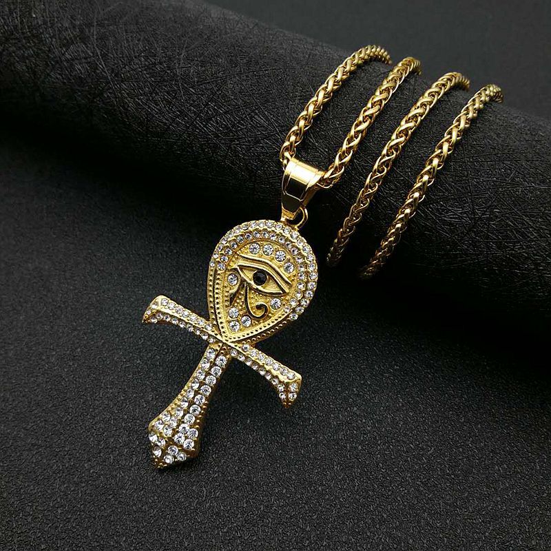 Planderful Everyday Genie Hip Hop Necklace Eye of Horus Ankh Pendant Gold Plated Zircon Titanium Steel For Men