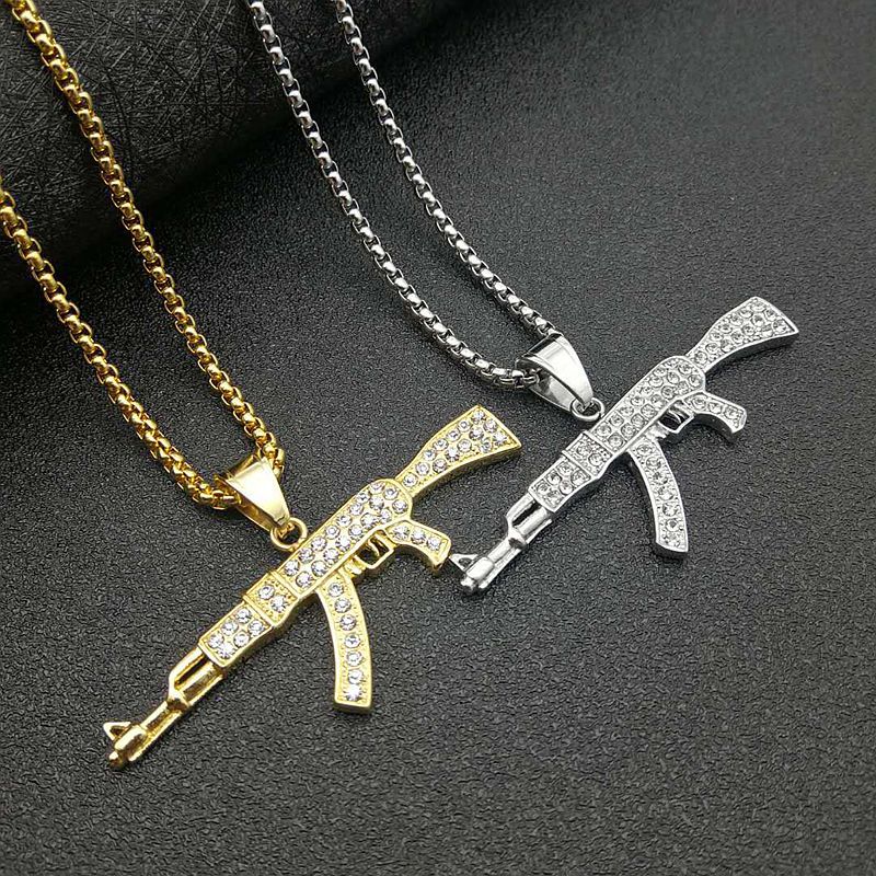 Planderful Hip Hop Jewelry AK47 Pendant Necklace Gold Plated Titanium Steel Rhinestones For Urban Fashion Fans