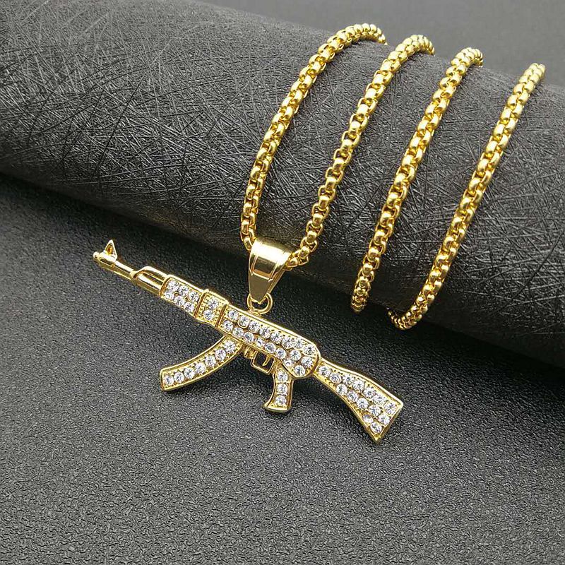 Planderful Hip Hop Jewelry AK47 Pendant Necklace Gold Plated Titanium Steel Rhinestones For Urban Fashion Fans
