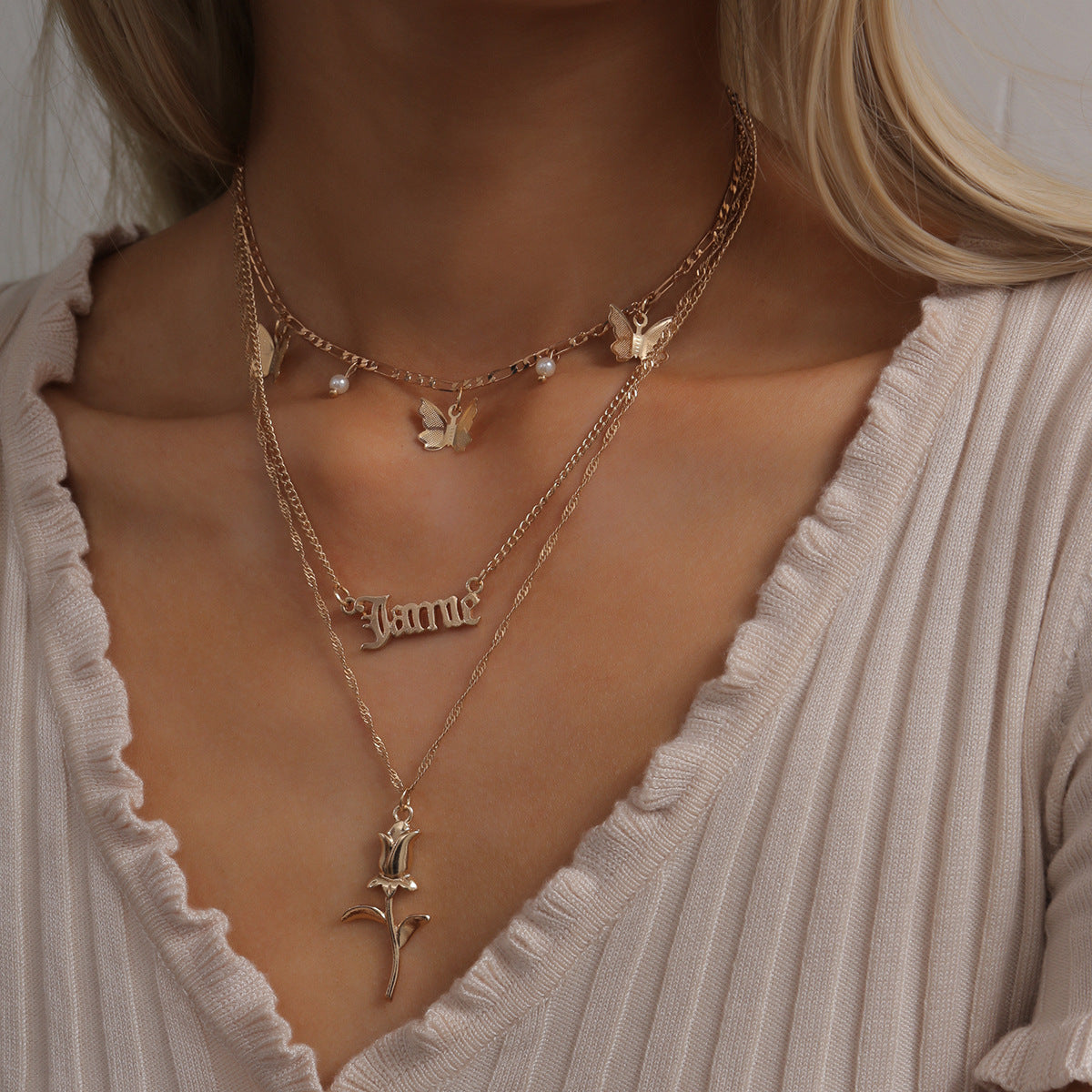 Personalized Flower Letter Necklace Hollow Body With Rose Butterfly Accent by Planderful Vienna Verve For Women