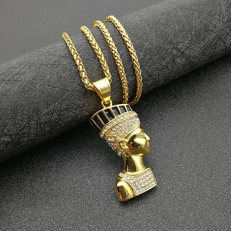 Planderful Hip Hop Jewelry Titanium Steel Gold Plated Rhinestone Egyptian Pharaoh Pendant Necklace For Streetwear Lovers