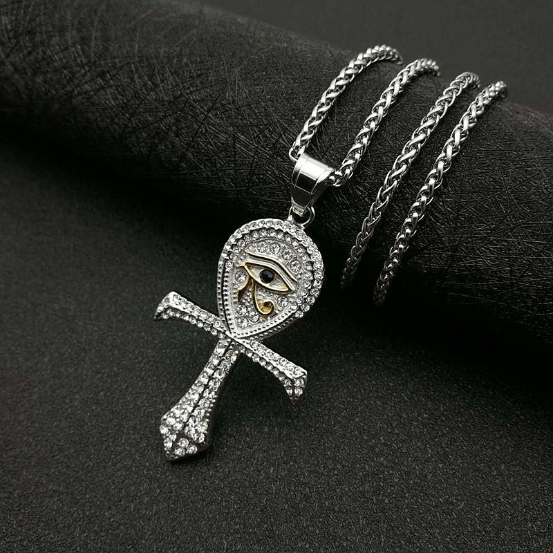 Planderful Everyday Genie Hip Hop Necklace Eye of Horus Ankh Pendant Gold Plated Zircon Titanium Steel For Men