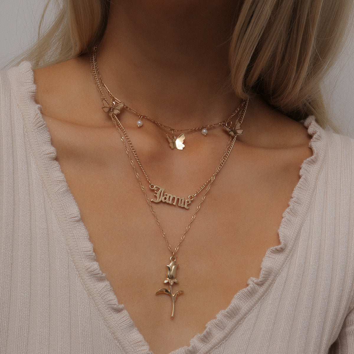 Personalized Flower Letter Necklace Hollow Body With Rose Butterfly Accent by Planderful Vienna Verve For Women