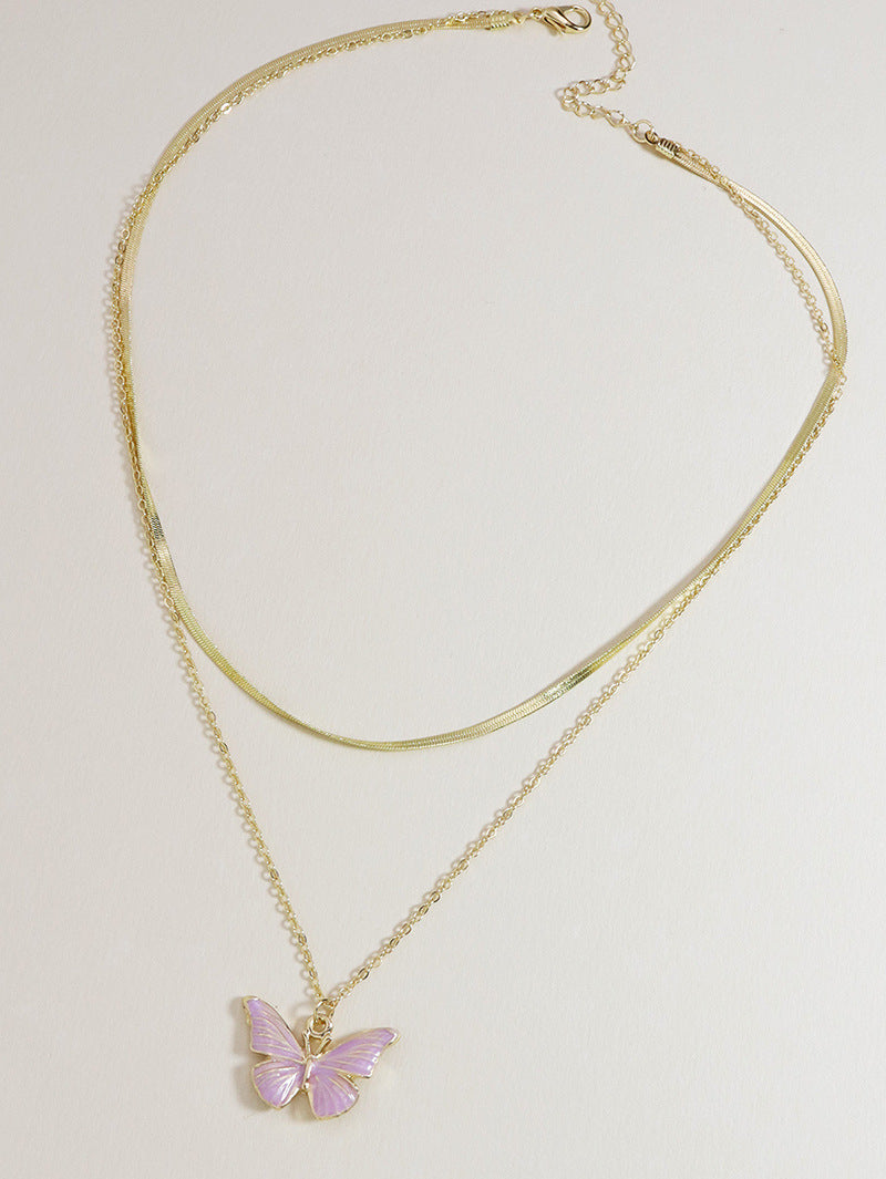 Butterfly Charm Double Layer Pink Necklace - Elegant Fashion Jewelry