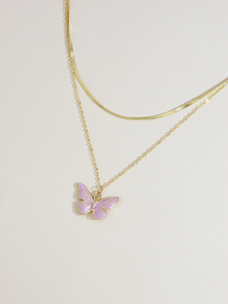 Butterfly Charm Double Layer Pink Necklace - Elegant Fashion Jewelry
