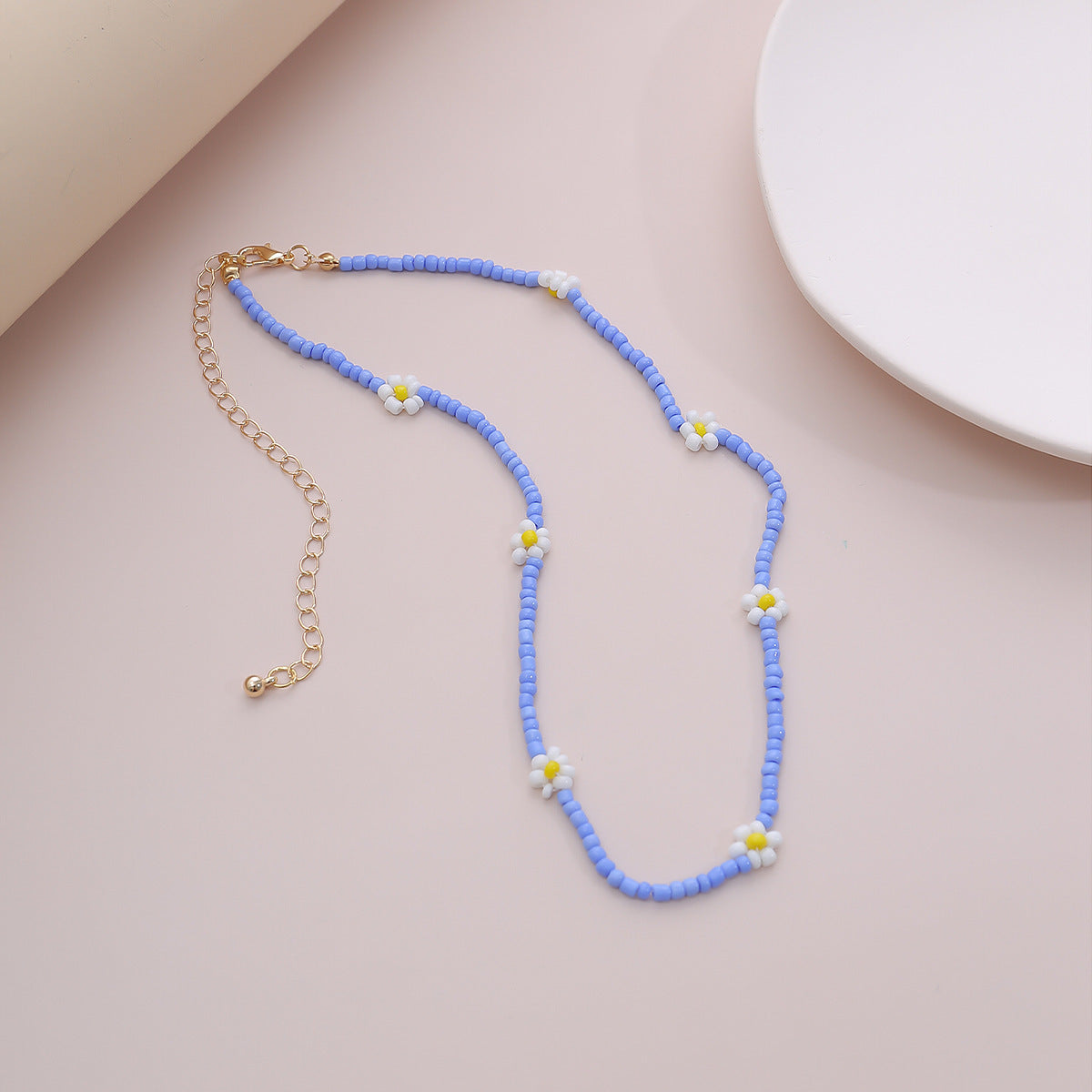 Beaded Daisy Necklace Blue Handmade Personalized Statement Jewelry For Women Planderful