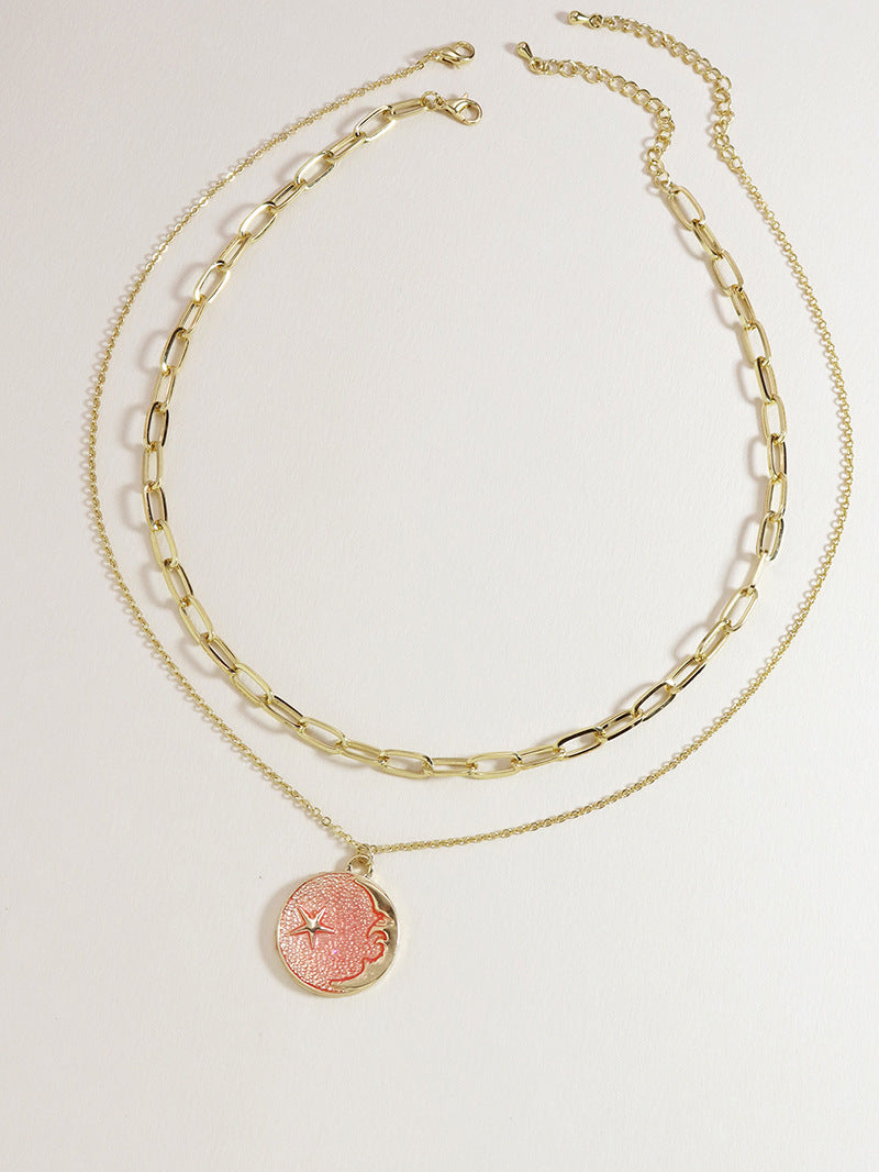 Enchanting Pink Celestial Pendant Set with Dual Necklaces - Stylish Children's Jewelry Piece for Women