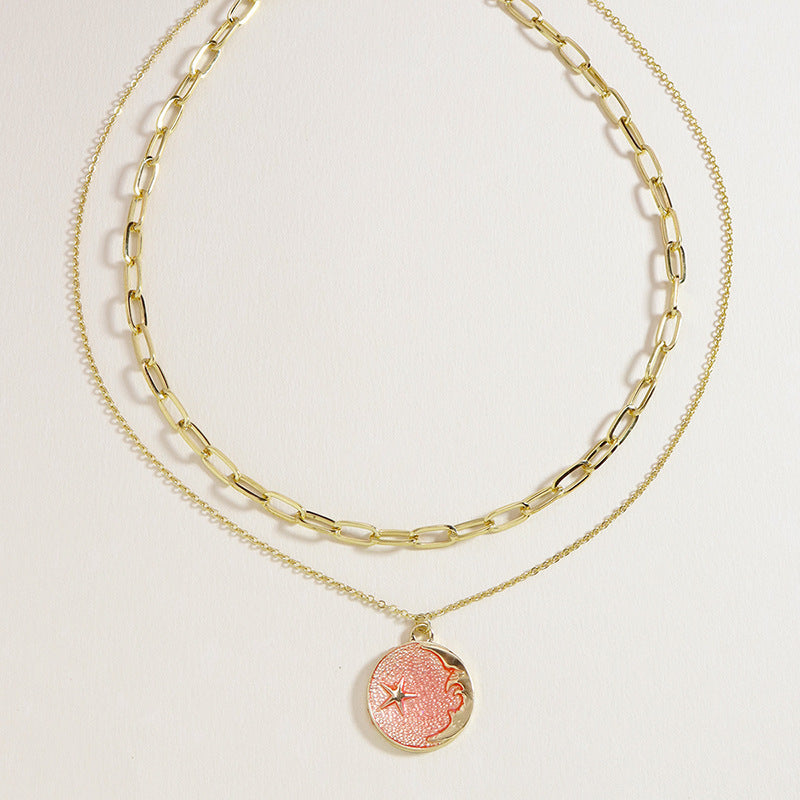 Enchanting Pink Celestial Pendant Set with Dual Necklaces - Stylish Children's Jewelry Piece for Women