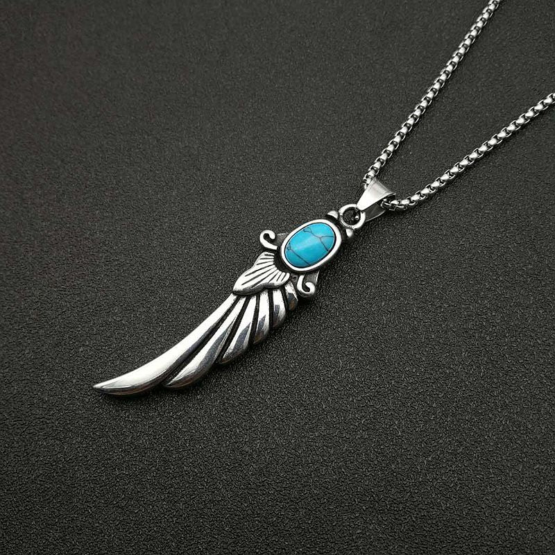 Turquoise Necklace – Vintage Punk Feather Wing Pendant Necklace In Titanium Steel
