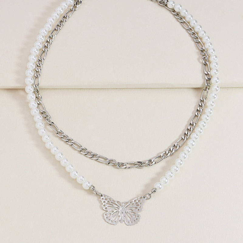 Exaggerated Butterfly Pearl Layered Necklace - Vienna Verve Collection