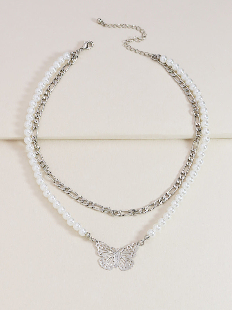Exaggerated Butterfly Pearl Layered Necklace - Vienna Verve Collection