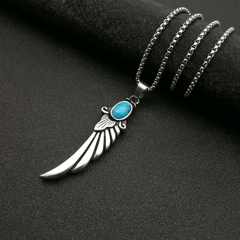Turquoise Necklace – Vintage Punk Feather Wing Pendant Necklace In Titanium Steel