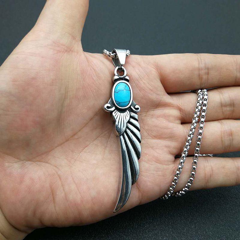 Turquoise Necklace – Vintage Punk Feather Wing Pendant Necklace In Titanium Steel