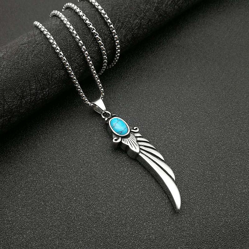 Turquoise Necklace – Vintage Punk Feather Wing Pendant Necklace In Titanium Steel