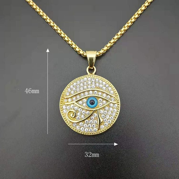 Planderful Hip Hop Jewelry Blue Horus Eye Necklace Gold Plated Titanium Steel Rhinestone Pendant For Hip Hop Fans