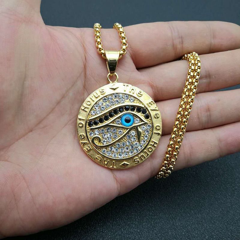 Planderful Hip Hop Jewelry Eye Of Horus Rhinestone Pendant Necklace Titanium Steel Gold Plated For Men