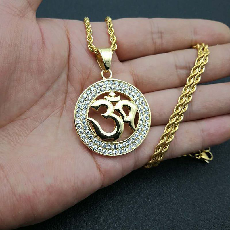 Hip Hop Necklace Om Pendant Titanium Steel Gold Plated Zircon Planderful Unisex Urban Fashion Accessory
