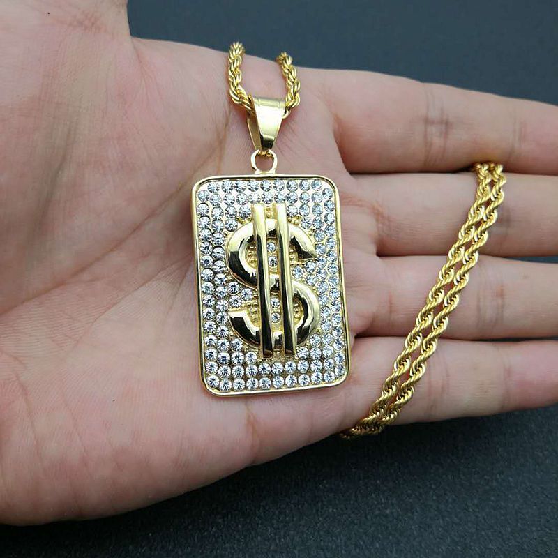 Zircon Necklace – Statement Hip Hop Gold Plated Steel Dollar Pendant With Chain For Everyday Style