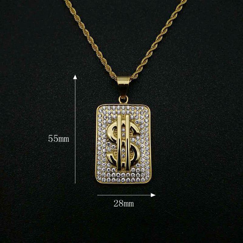 Zircon Necklace – Statement Hip Hop Gold Plated Steel Dollar Pendant With Chain For Everyday Style