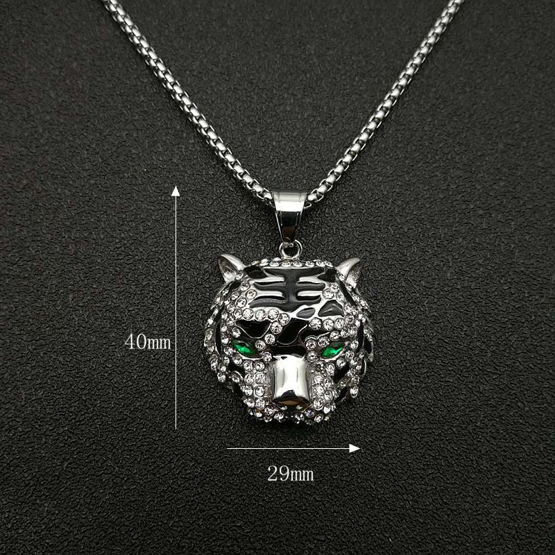 Titanium Steel Necklace – Luxury Gold-Plated Rhinestone Tiger Head Pendant For Everyday Hip Hop Style