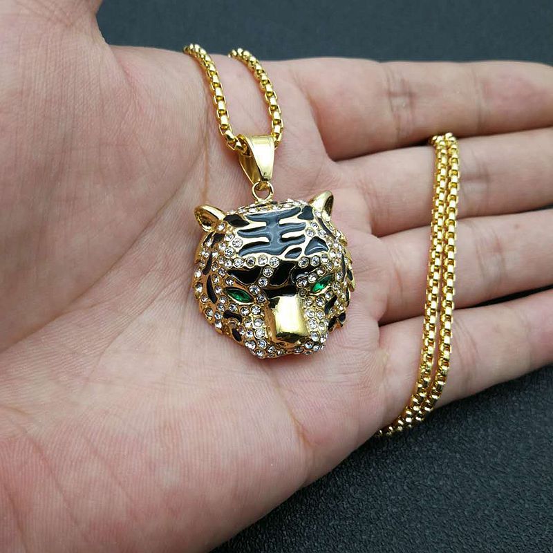 Titanium Steel Necklace – Luxury Gold-Plated Rhinestone Tiger Head Pendant For Everyday Hip Hop Style