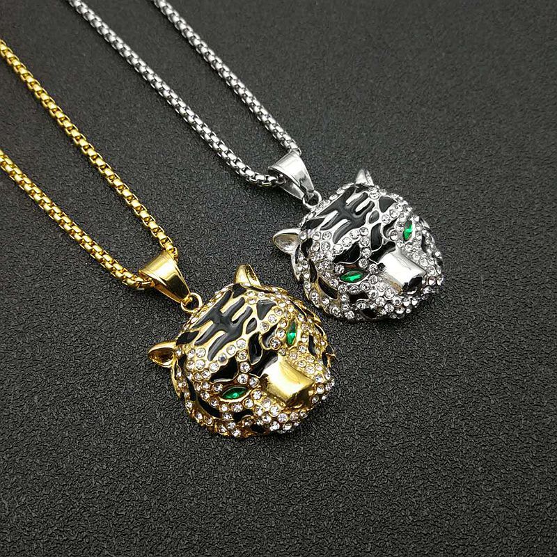 Titanium Steel Necklace – Luxury Gold-Plated Rhinestone Tiger Head Pendant For Everyday Hip Hop Style