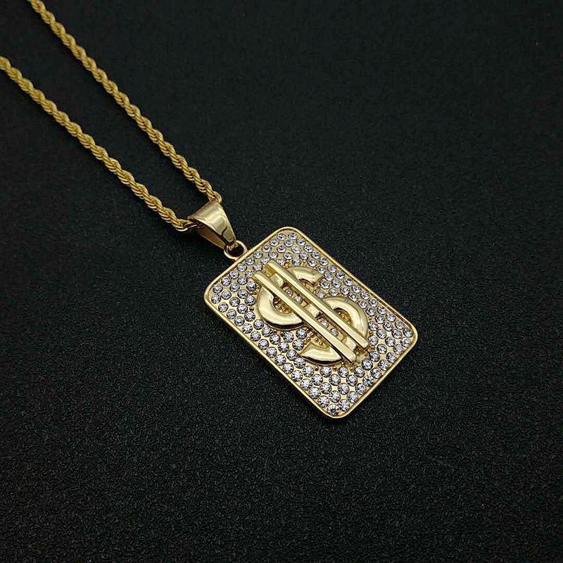 Zircon Necklace – Statement Hip Hop Gold Plated Steel Dollar Pendant With Chain For Everyday Style