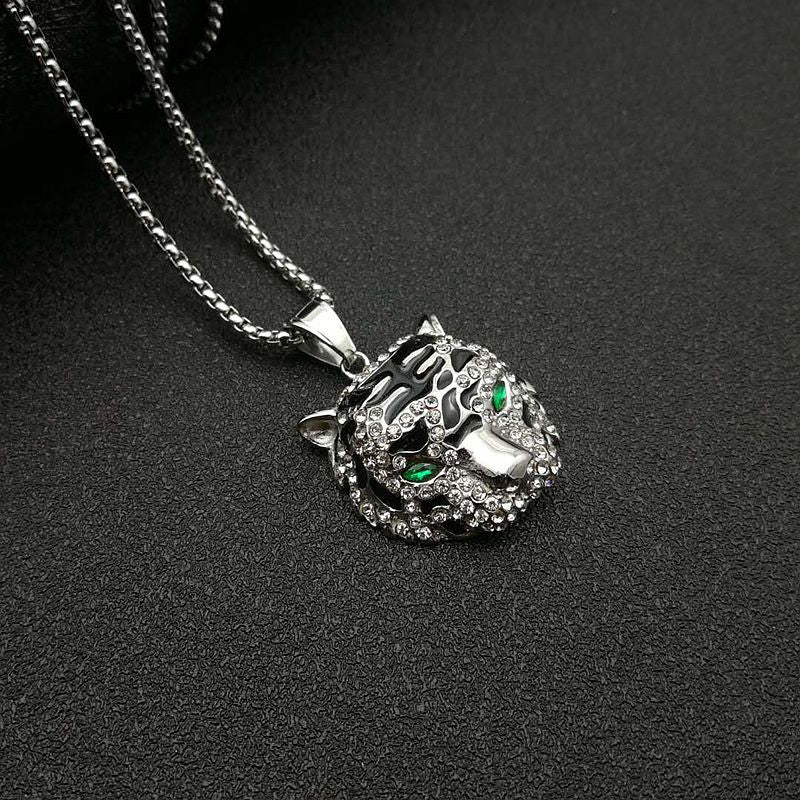 Titanium Steel Necklace – Luxury Gold-Plated Rhinestone Tiger Head Pendant For Everyday Hip Hop Style