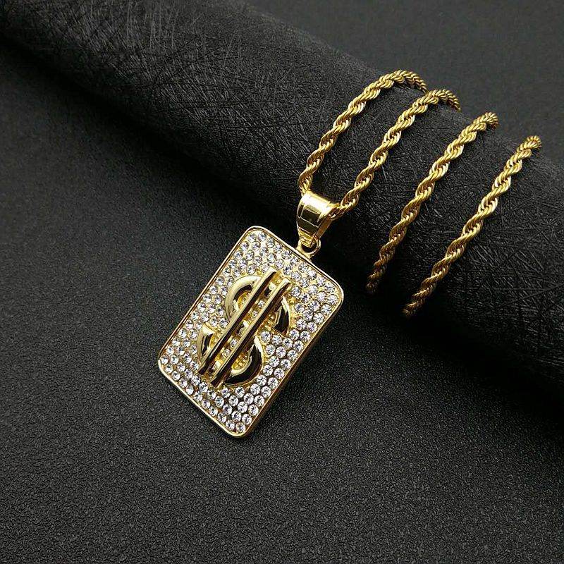 Zircon Necklace – Statement Hip Hop Gold Plated Steel Dollar Pendant With Chain For Everyday Style