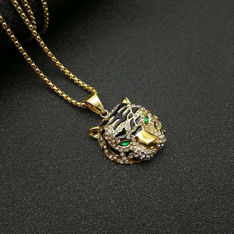 Titanium Steel Necklace – Luxury Gold-Plated Rhinestone Tiger Head Pendant For Everyday Hip Hop Style