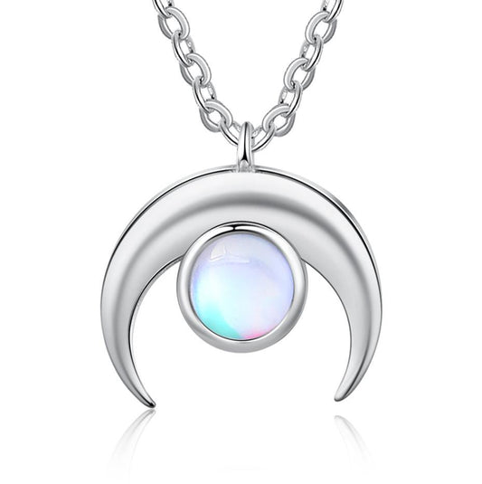 Moon Pendant with Round Moon Stone Sterling Silver Necklace