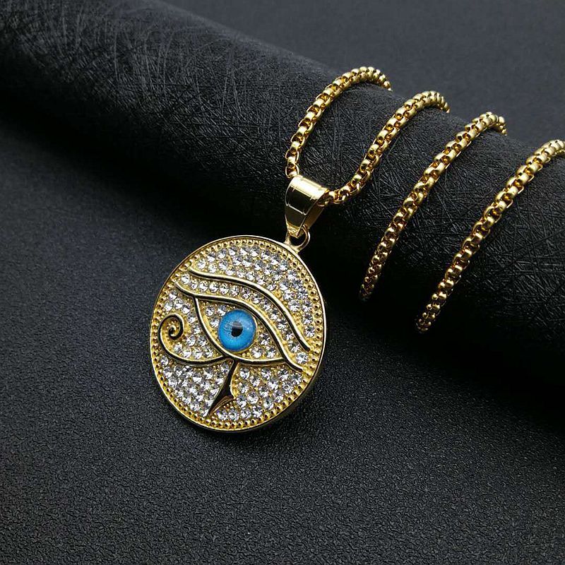Planderful Hip Hop Jewelry Blue Horus Eye Necklace Gold Plated Titanium Steel Rhinestone Pendant For Hip Hop Fans
