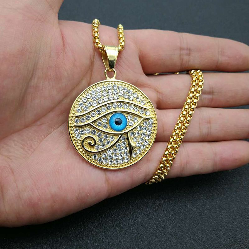 Planderful Hip Hop Jewelry Blue Horus Eye Necklace Gold Plated Titanium Steel Rhinestone Pendant For Hip Hop Fans