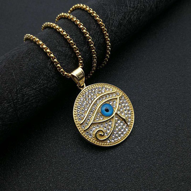 Planderful Hip Hop Jewelry Blue Horus Eye Necklace Gold Plated Titanium Steel Rhinestone Pendant For Hip Hop Fans