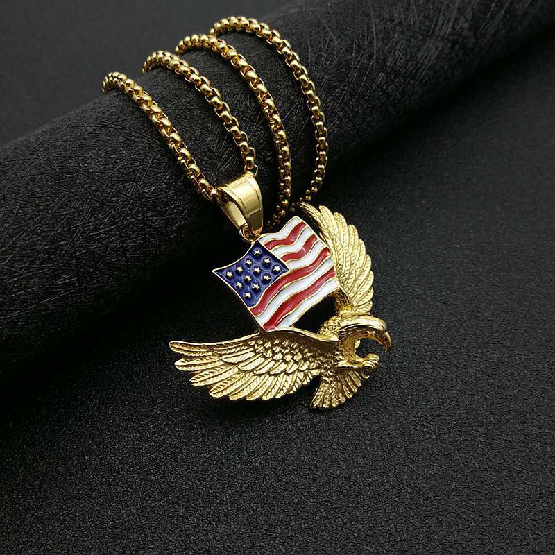 Planderful Everyday Genie Hip Hop Necklace Titanium Steel Gold Plated Flag Eagle Pendant For Men