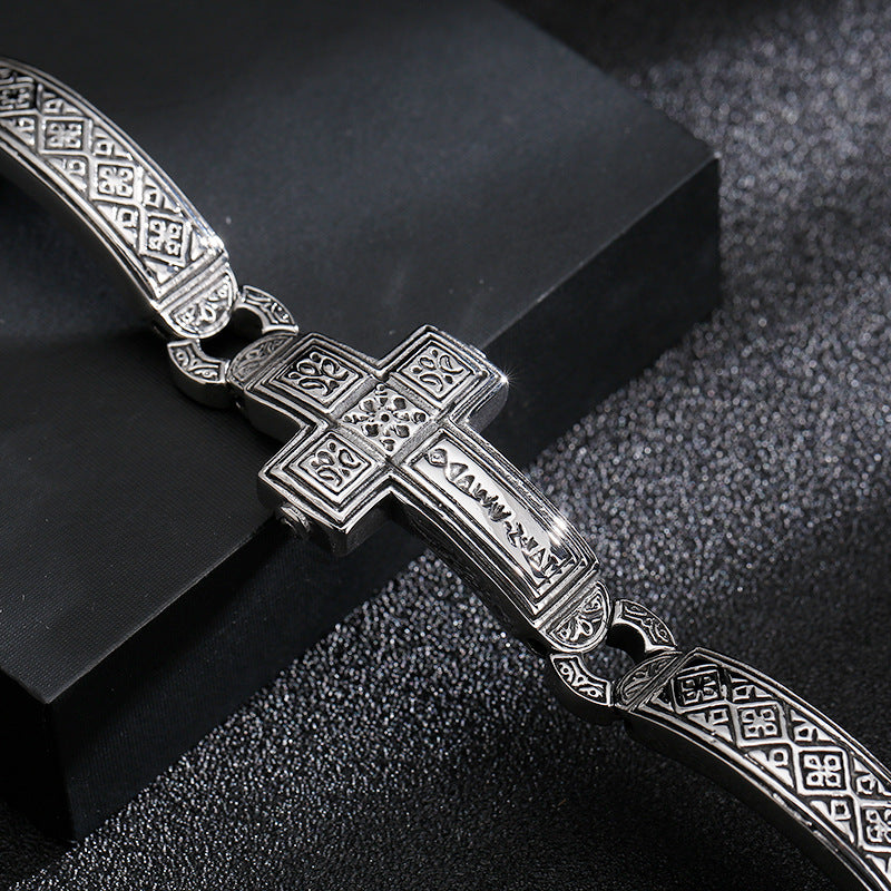 Men's Punk Retro Curved Cross Bracelet - Titanium Steel Wide Face Jewelry for Rock Style Lovers