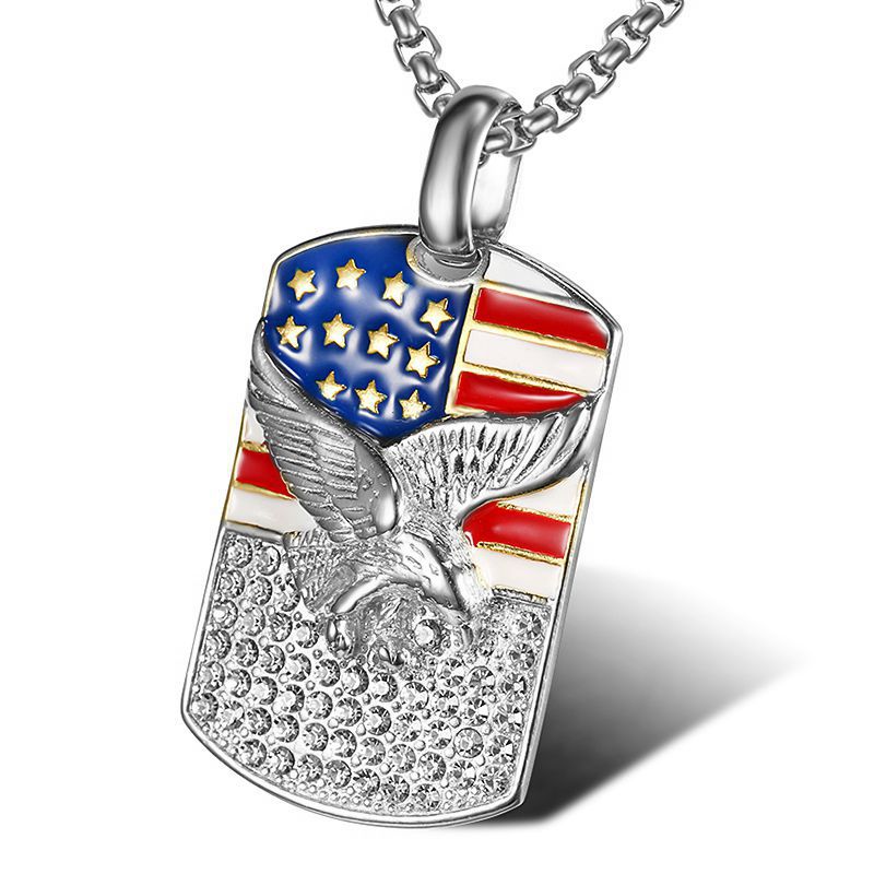Planderful Hip Hop Necklace Titanium Steel Gold Plated Zircon Flag Eagle Pendant For Urban Streetwear Fans