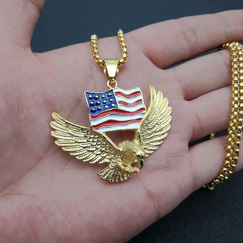 Planderful Everyday Genie Hip Hop Necklace Titanium Steel Gold Plated Flag Eagle Pendant For Men