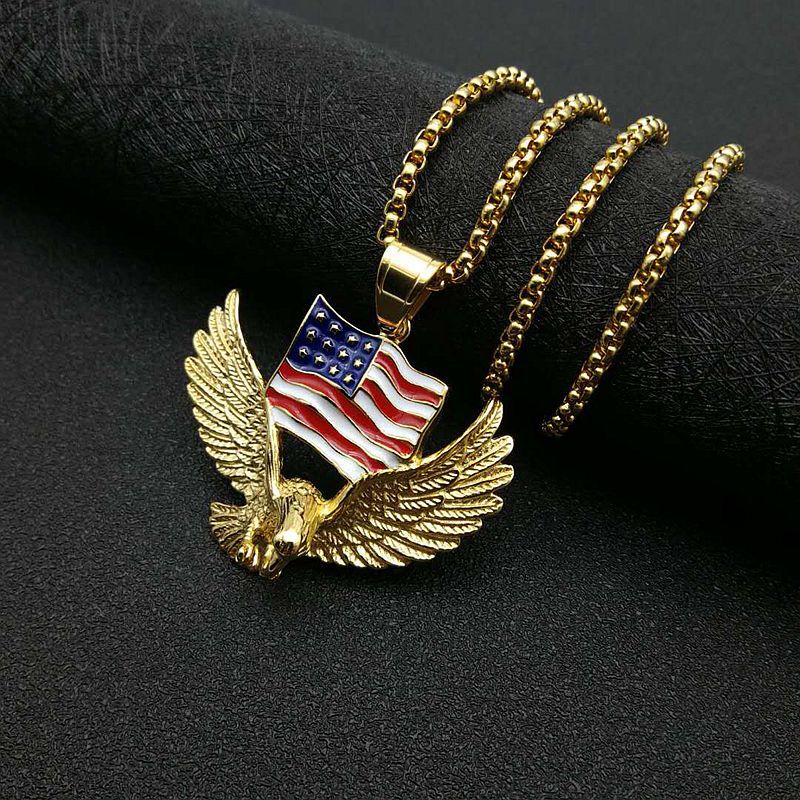 Planderful Everyday Genie Hip Hop Necklace Titanium Steel Gold Plated Flag Eagle Pendant For Men