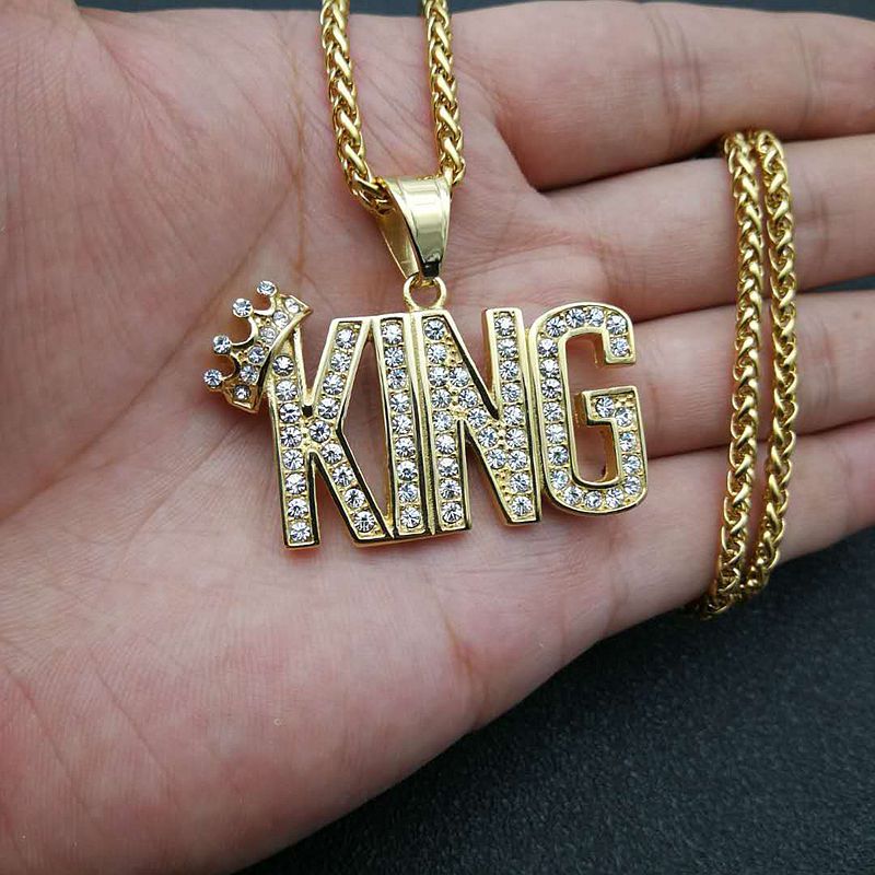 Hip Hop Necklace King Pendant Planderful Premium Gold Plated Titanium Steel Zircon Jewelry For Men