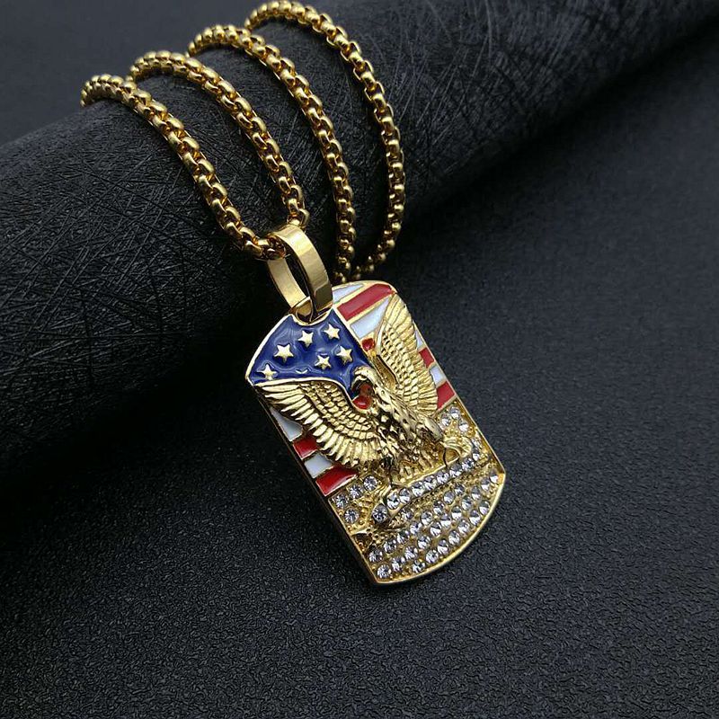 Planderful Hip Hop Necklace Titanium Steel Gold Plated Zircon Flag Eagle Pendant For Urban Streetwear Fans