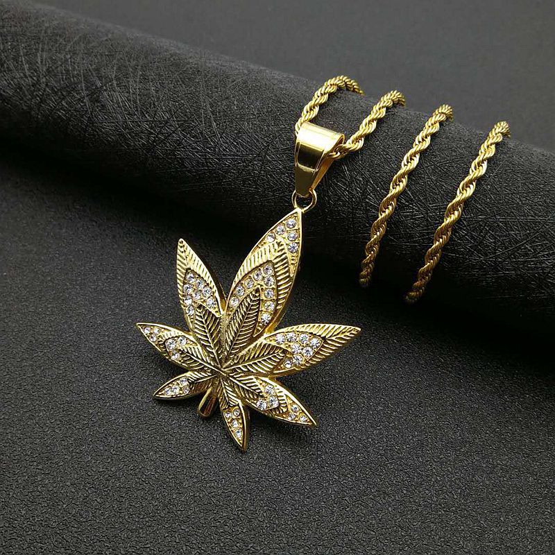 Hip Hop Jewelry Titanium Gold Plated Zircon Maple Leaf Pendant Necklace By Planderful For Urban Fashion Fans