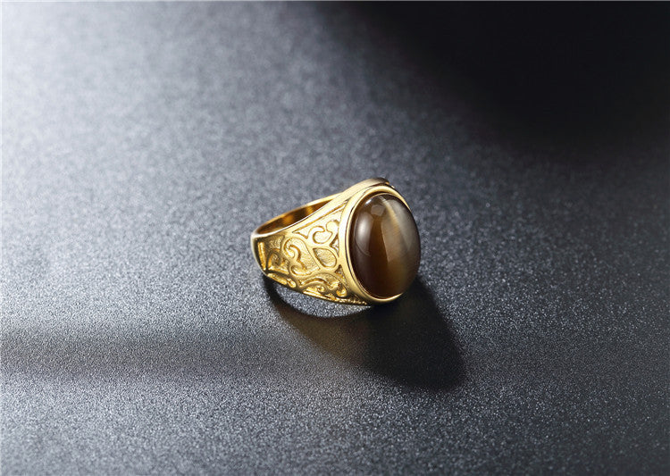 Planderful Opal Stone Ring Unisex Gold Plated Titanium Steel Durable Vintage Protection