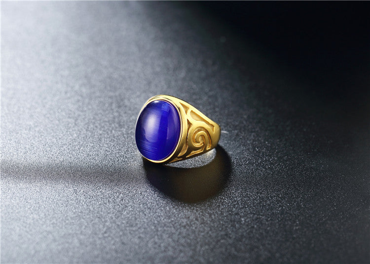 Planderful Gold Plated Bluestone Ring Unisex Titanium Steel Protection Statement Jewelry